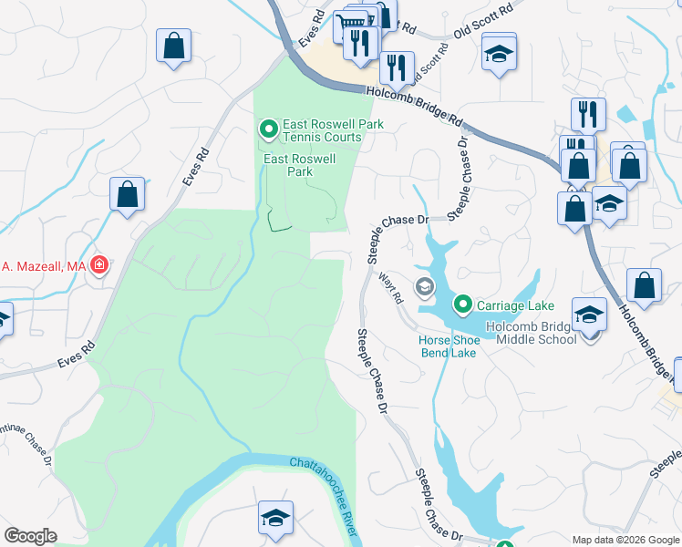 map of restaurants, bars, coffee shops, grocery stores, and more near 8825 Torrington Drive in Roswell