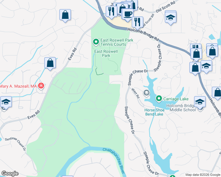 map of restaurants, bars, coffee shops, grocery stores, and more near 8740 Torrington Drive in Roswell