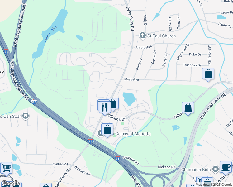 map of restaurants, bars, coffee shops, grocery stores, and more near 370 Oak Harbor Trail in Marietta