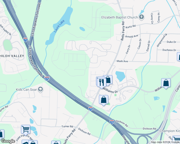 map of restaurants, bars, coffee shops, grocery stores, and more near 1885 Barrington Overlook in Marietta