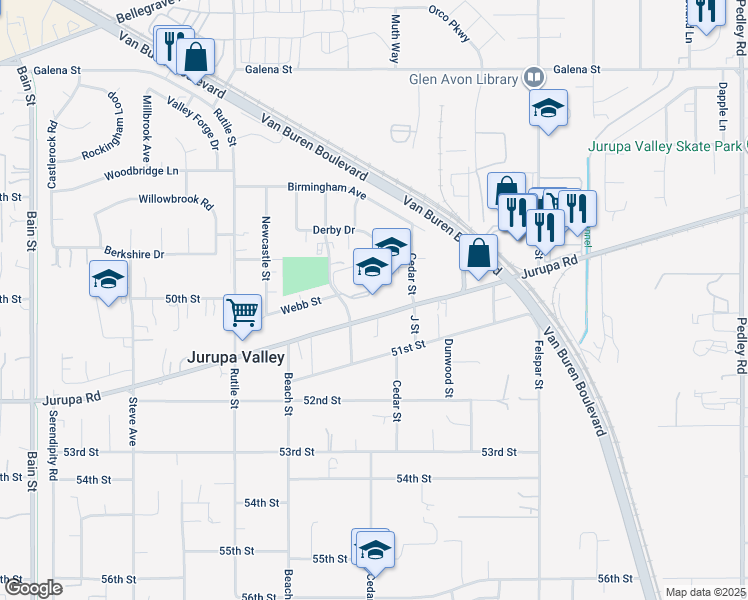 map of restaurants, bars, coffee shops, grocery stores, and more near 9501 Jurupa Road in Riverside