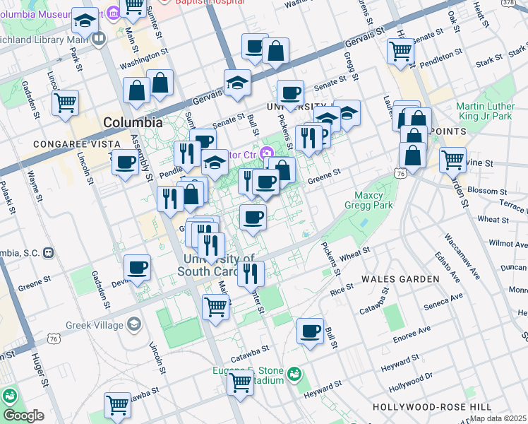 map of restaurants, bars, coffee shops, grocery stores, and more near 1718 College Street in Columbia