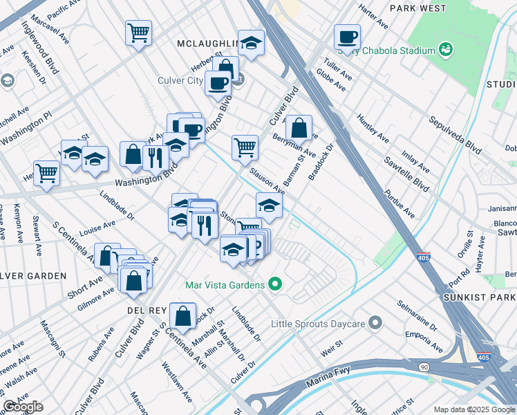 map of restaurants, bars, coffee shops, grocery stores, and more near 4558 Lindblade Place in Culver City