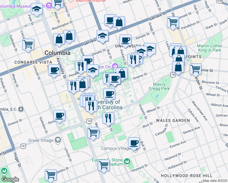 map of restaurants, bars, coffee shops, grocery stores, and more near in Columbia