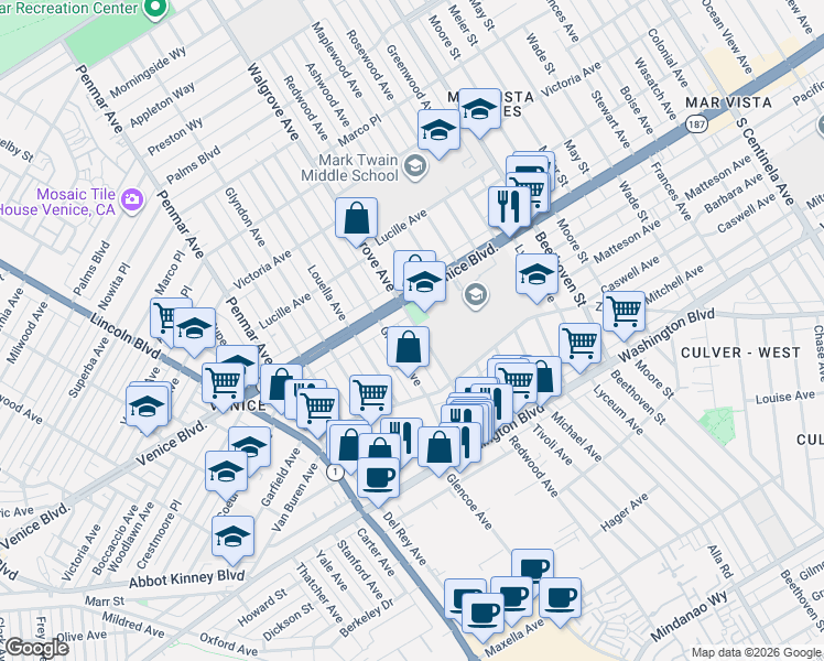 map of restaurants, bars, coffee shops, grocery stores, and more near 2431 Walgrove Avenue in Los Angeles