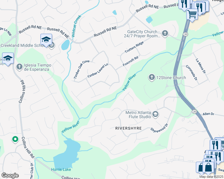 map of restaurants, bars, coffee shops, grocery stores, and more near 191 Timber Laurel Lane in Lawrenceville