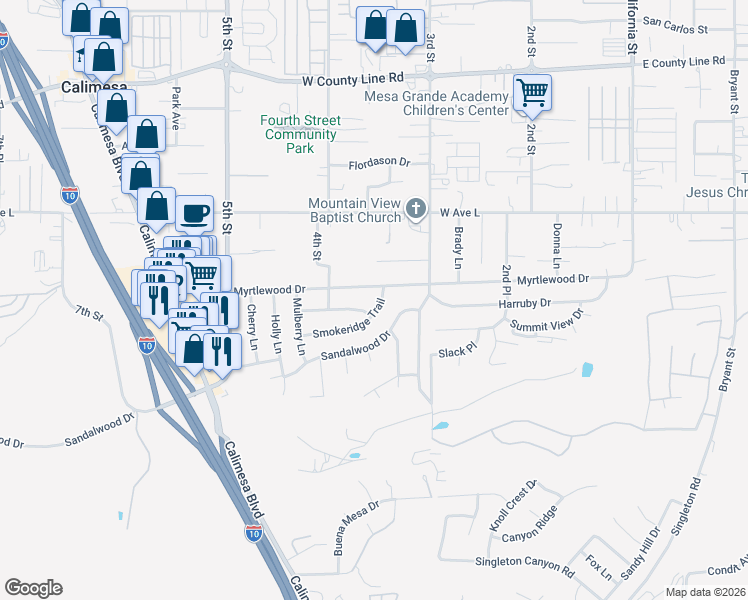 map of restaurants, bars, coffee shops, grocery stores, and more near 344 Smokeridge Trail in Calimesa
