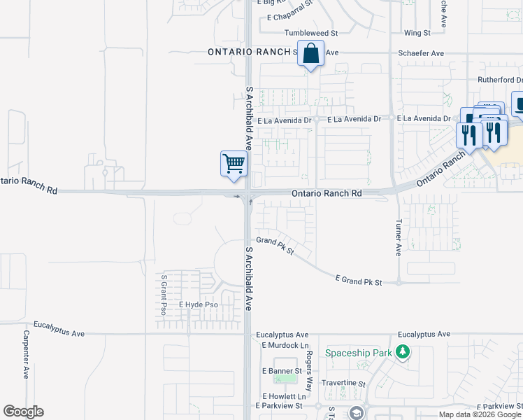 map of restaurants, bars, coffee shops, grocery stores, and more near 4222 South Montoya Paseo in Ontario