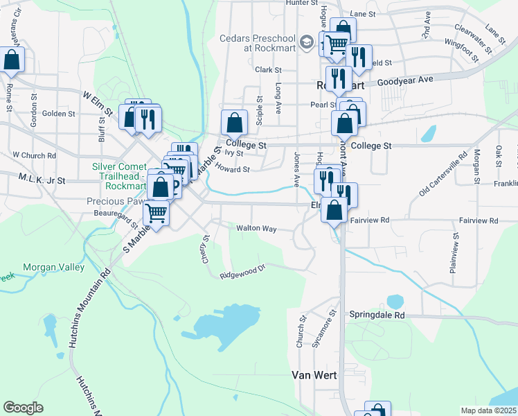 map of restaurants, bars, coffee shops, grocery stores, and more near 341 East Elm Street in Rockmart
