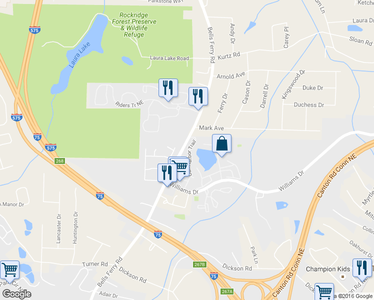 map of restaurants, bars, coffee shops, grocery stores, and more near 362 Oak Harbor Trail in Marietta
