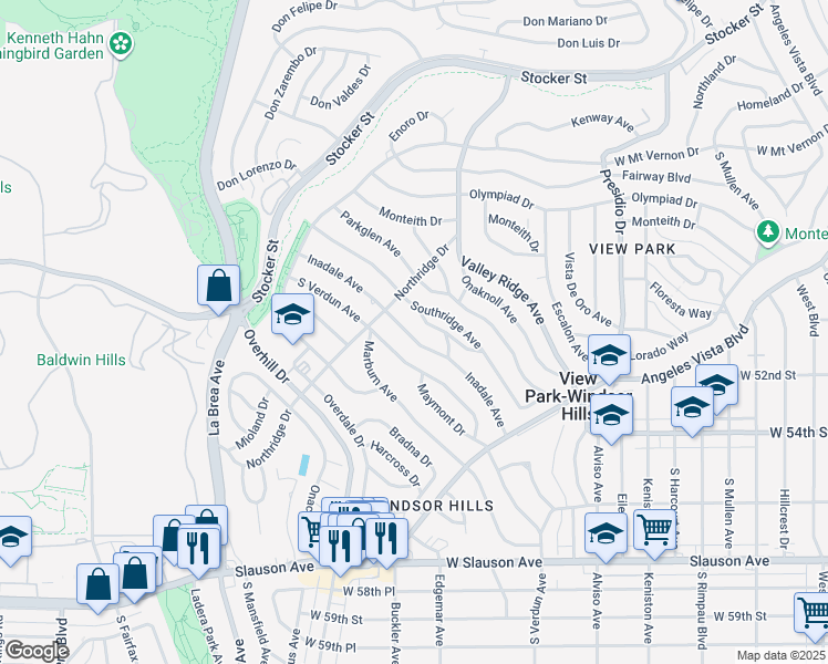 map of restaurants, bars, coffee shops, grocery stores, and more near 5038 Inadale Avenue in View Park-Windsor Hills