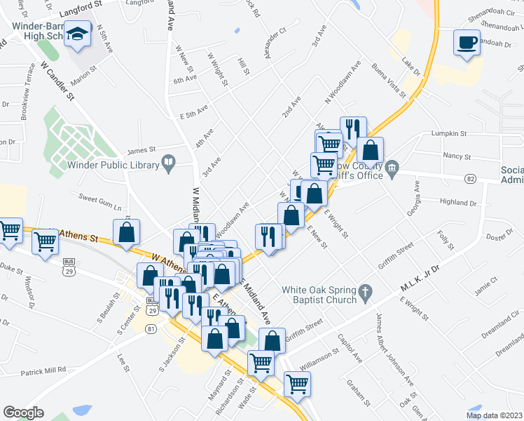 map of restaurants, bars, coffee shops, grocery stores, and more near 31 West Kimball Street in Winder