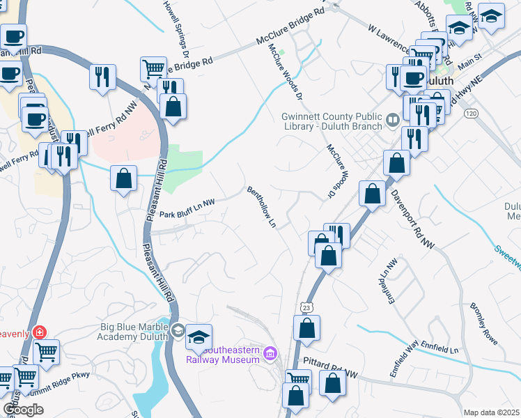 map of restaurants, bars, coffee shops, grocery stores, and more near 3454 Benthollow Lane in Duluth