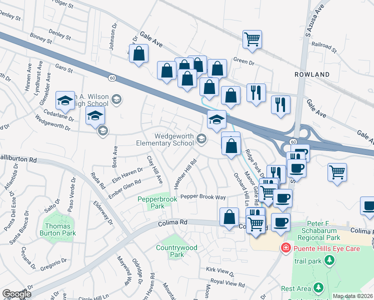 map of restaurants, bars, coffee shops, grocery stores, and more near 1507 Eagle Park Road in Hacienda Heights