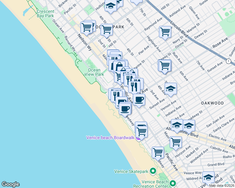 map of restaurants, bars, coffee shops, grocery stores, and more near 36 Navy Street in Los Angeles