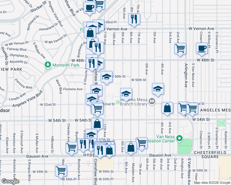 map of restaurants, bars, coffee shops, grocery stores, and more near 5010 11th Avenue in Los Angeles