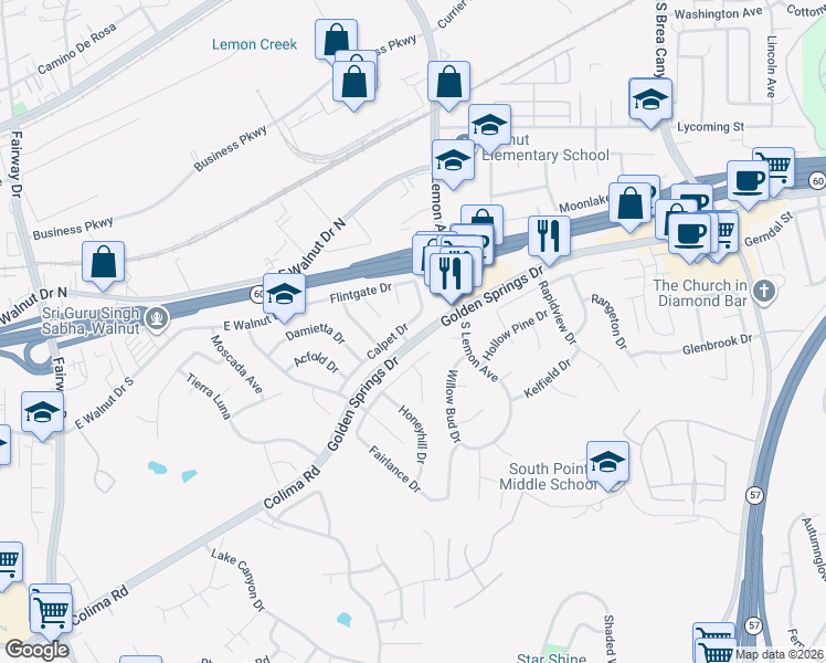 map of restaurants, bars, coffee shops, grocery stores, and more near 20538 Calpet Drive in Walnut