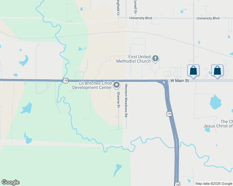 map of restaurants, bars, coffee shops, grocery stores, and more near 124 Shawna Drive in Durant