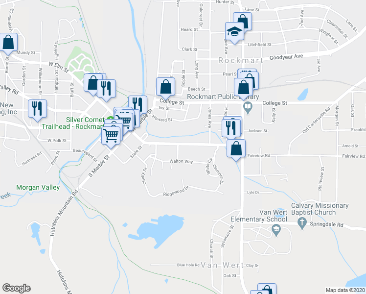 map of restaurants, bars, coffee shops, grocery stores, and more near 403 East Elm Street in Rockmart