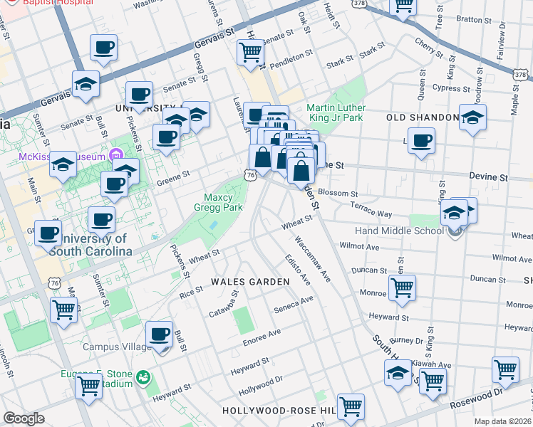 map of restaurants, bars, coffee shops, grocery stores, and more near 508 Edisto Avenue in Columbia