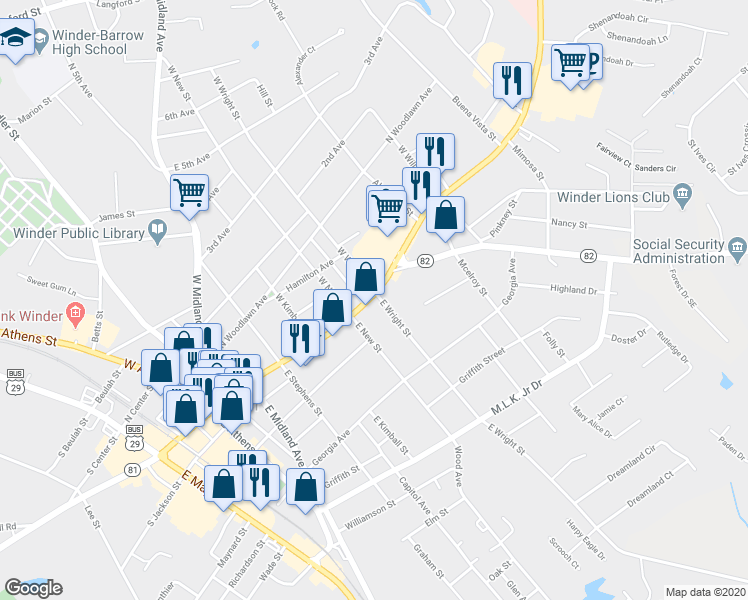 map of restaurants, bars, coffee shops, grocery stores, and more near 5 East Wright Street in Winder
