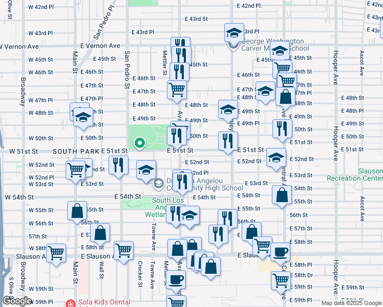 map of restaurants, bars, coffee shops, grocery stores, and more near 623 East 52nd Street in Los Angeles