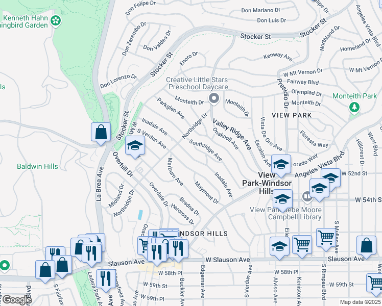 map of restaurants, bars, coffee shops, grocery stores, and more near 5038 Inadale Avenue in View Park-Windsor Hills