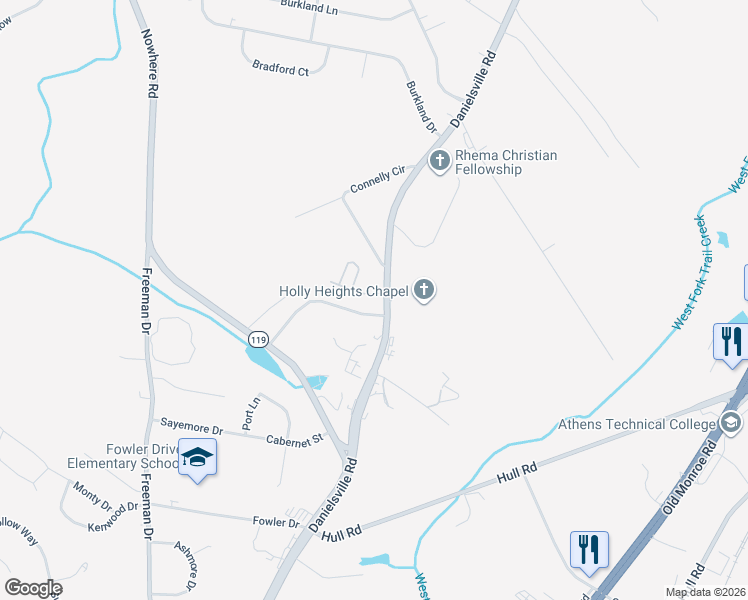 map of restaurants, bars, coffee shops, grocery stores, and more near 18 Pine Lane Drive in Athens