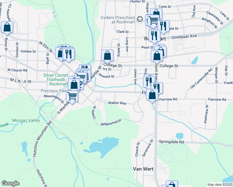 map of restaurants, bars, coffee shops, grocery stores, and more near 341 East Elm Street in Rockmart