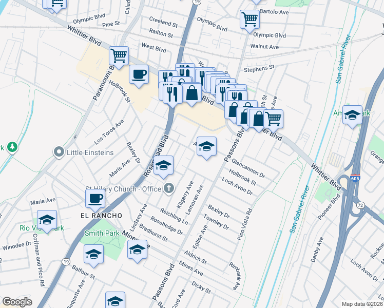 map of restaurants, bars, coffee shops, grocery stores, and more near 3202 Loch Avon Drive in Pico Rivera