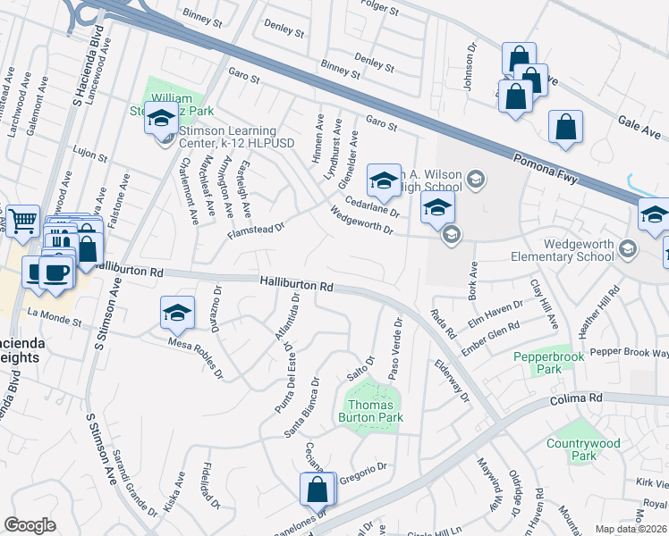 map of restaurants, bars, coffee shops, grocery stores, and more near 16308 Ladysmith Street in Hacienda Heights