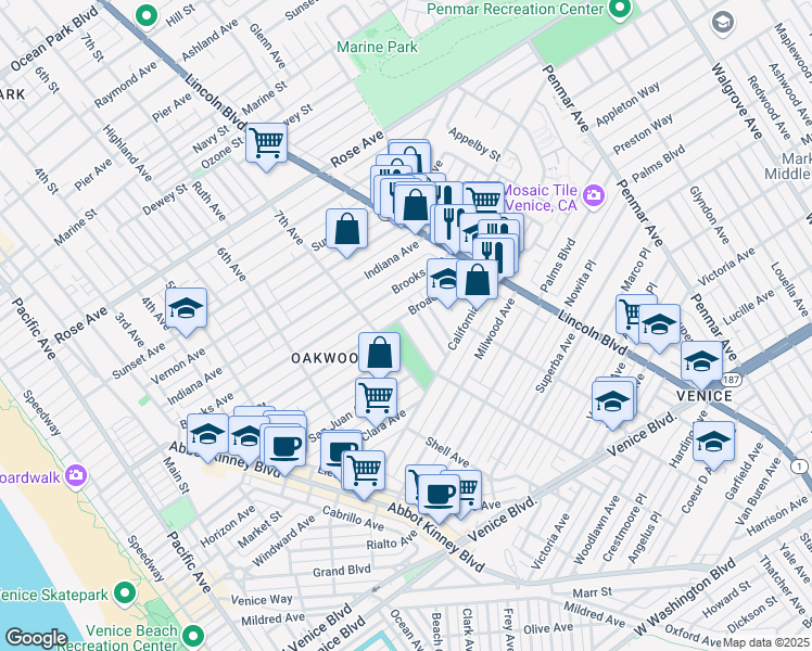 map of restaurants, bars, coffee shops, grocery stores, and more near 1024 Oakwood Avenue in Los Angeles