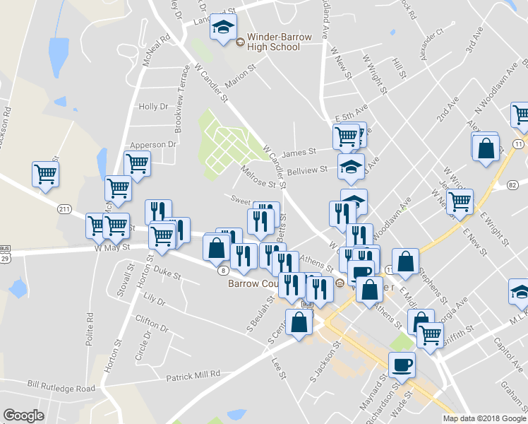 map of restaurants, bars, coffee shops, grocery stores, and more near 146 Sweet Gum Lane in Winder
