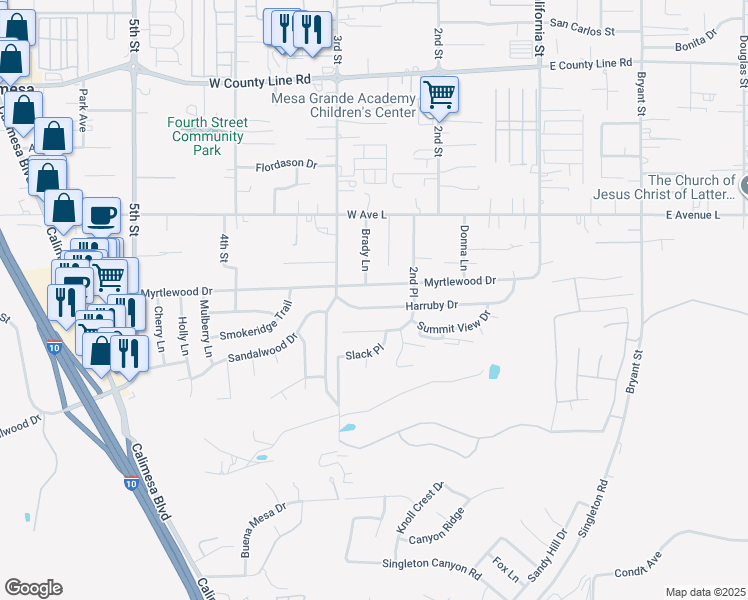 map of restaurants, bars, coffee shops, grocery stores, and more near 266 Harruby Drive in Calimesa