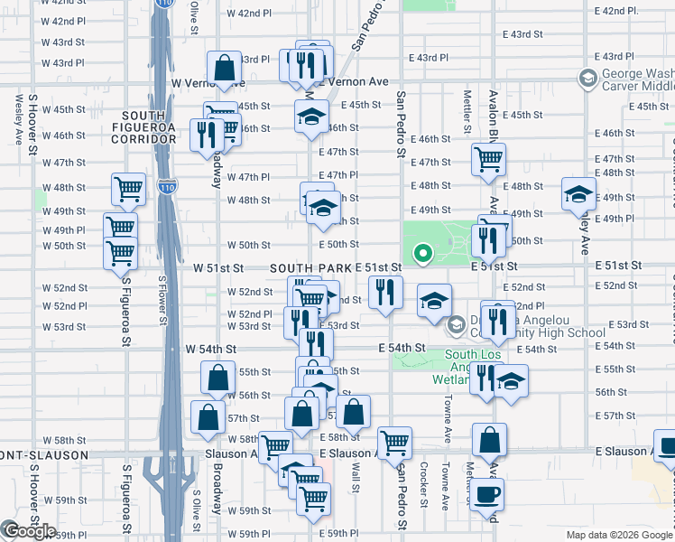 map of restaurants, bars, coffee shops, grocery stores, and more near 5102 Woodlawn Avenue in Los Angeles