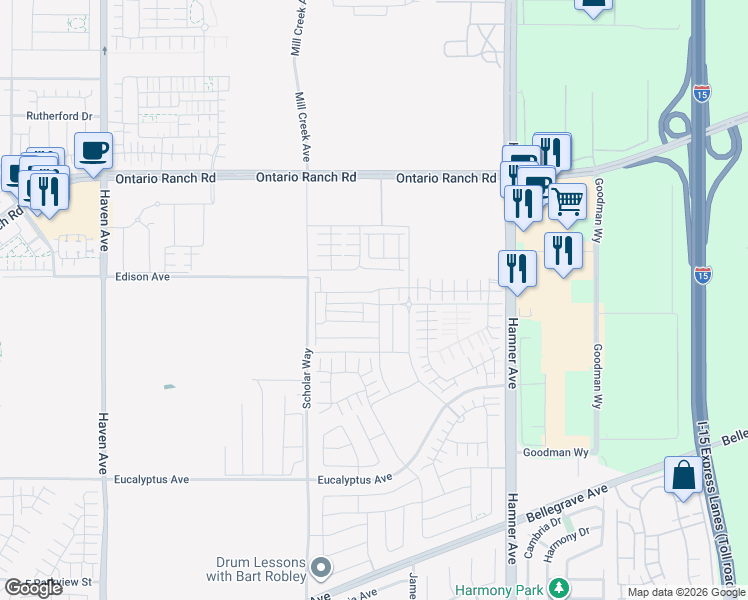 map of restaurants, bars, coffee shops, grocery stores, and more near 4758 South Solstice Avenue in Ontario