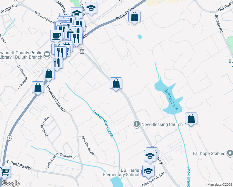 map of restaurants, bars, coffee shops, grocery stores, and more near 3299 Duluth Highway in Duluth