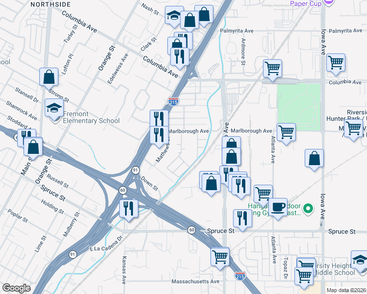 map of restaurants, bars, coffee shops, grocery stores, and more near 1662 Palermo Drive in Riverside