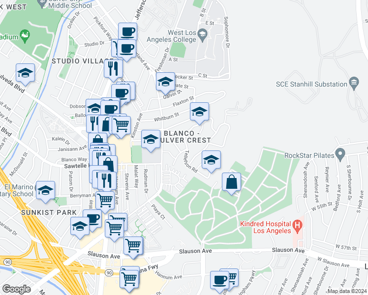 map of restaurants, bars, coffee shops, grocery stores, and more near 5721 Tellefson Road in Culver City