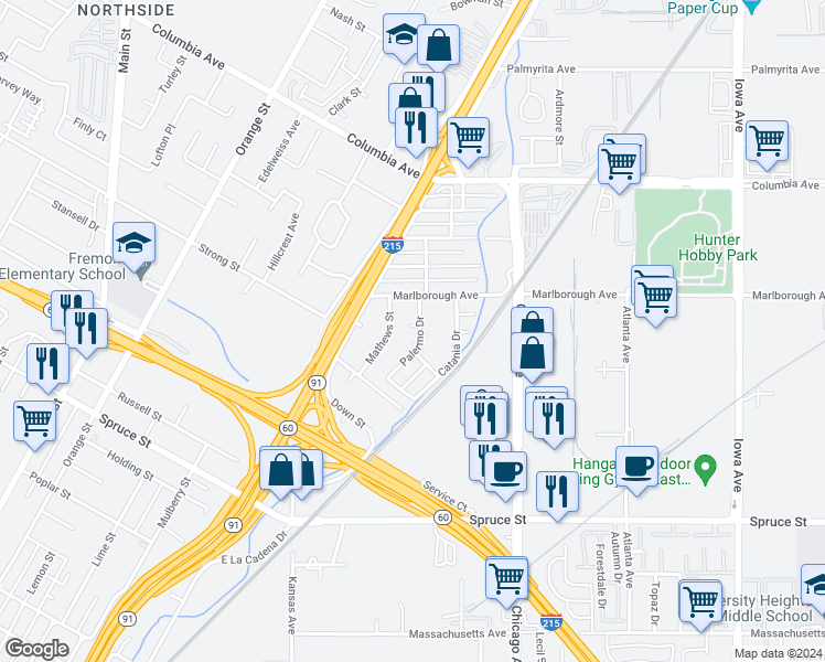 map of restaurants, bars, coffee shops, grocery stores, and more near 2024 Enna Court in Riverside
