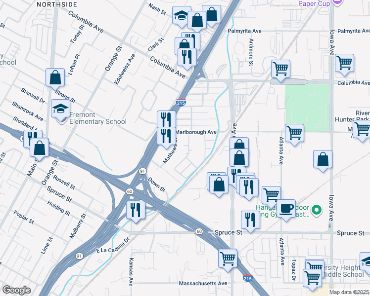 map of restaurants, bars, coffee shops, grocery stores, and more near 2024 Enna Court in Riverside