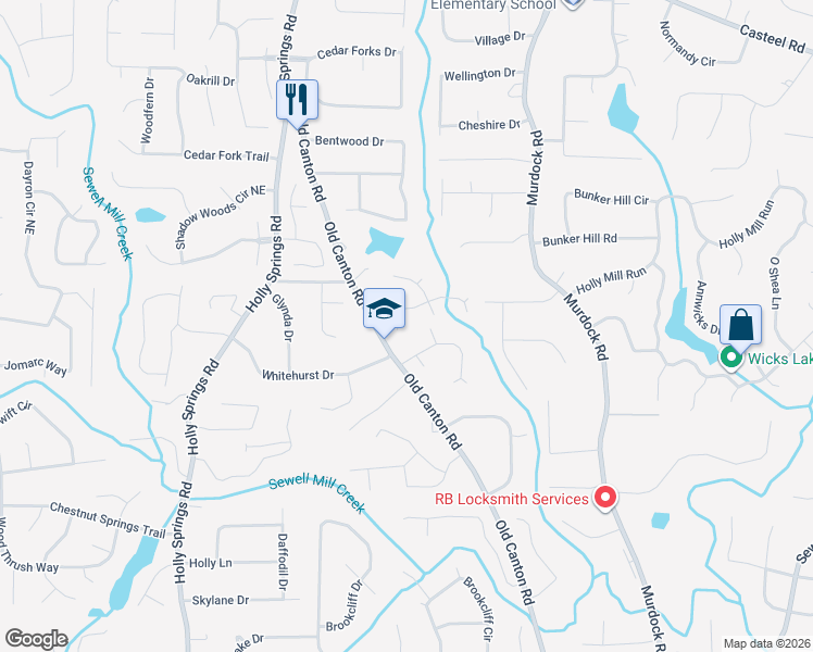map of restaurants, bars, coffee shops, grocery stores, and more near 1873 Regents Park Lane Northeast in Marietta