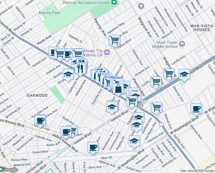 map of restaurants, bars, coffee shops, grocery stores, and more near in Los Angeles