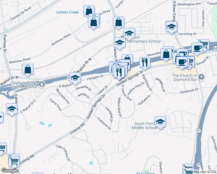 map of restaurants, bars, coffee shops, grocery stores, and more near 20538 Calpet Drive in Walnut