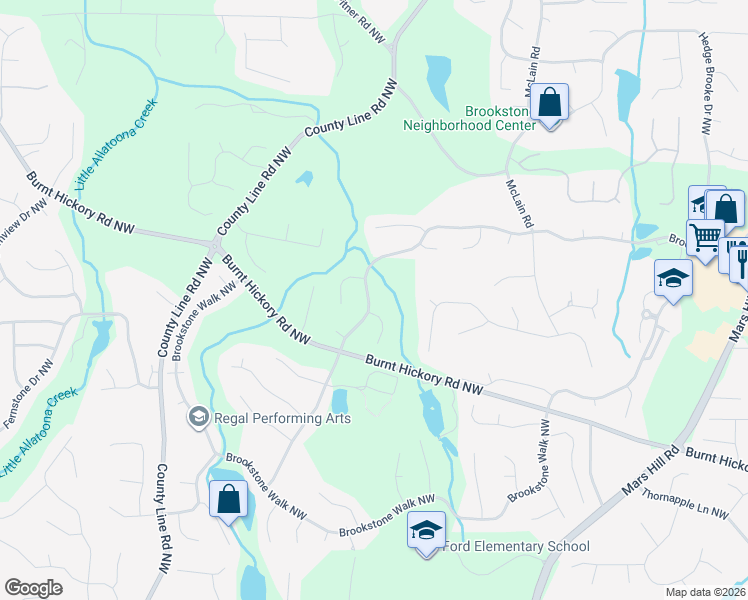 map of restaurants, bars, coffee shops, grocery stores, and more near 5653 Brookstone Drive Northwest in Acworth