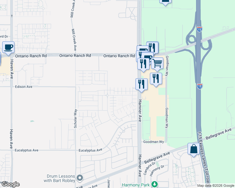 map of restaurants, bars, coffee shops, grocery stores, and more near 11111 Edison Avenue in Ontario