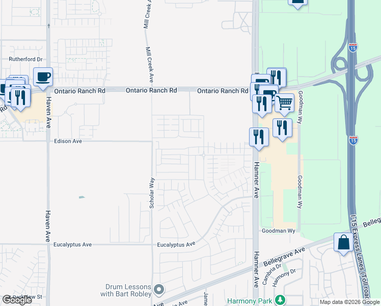 map of restaurants, bars, coffee shops, grocery stores, and more near 11071 Edison Avenue in Ontario