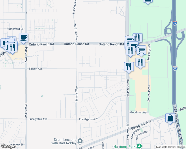 map of restaurants, bars, coffee shops, grocery stores, and more near 11071 Edison Avenue in Ontario