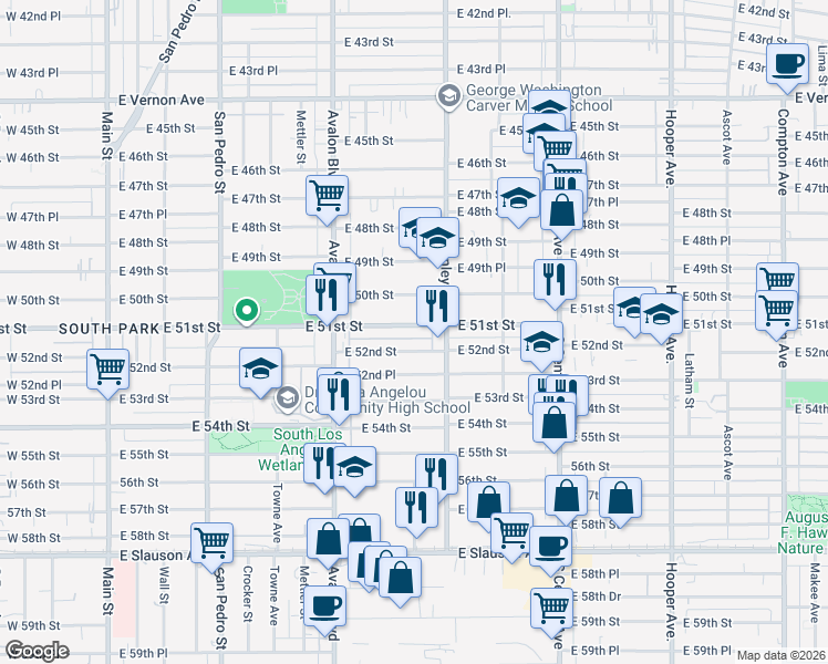 map of restaurants, bars, coffee shops, grocery stores, and more near 767 East 52nd Street in Los Angeles