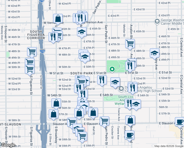 map of restaurants, bars, coffee shops, grocery stores, and more near 5117 Wall Street in Los Angeles